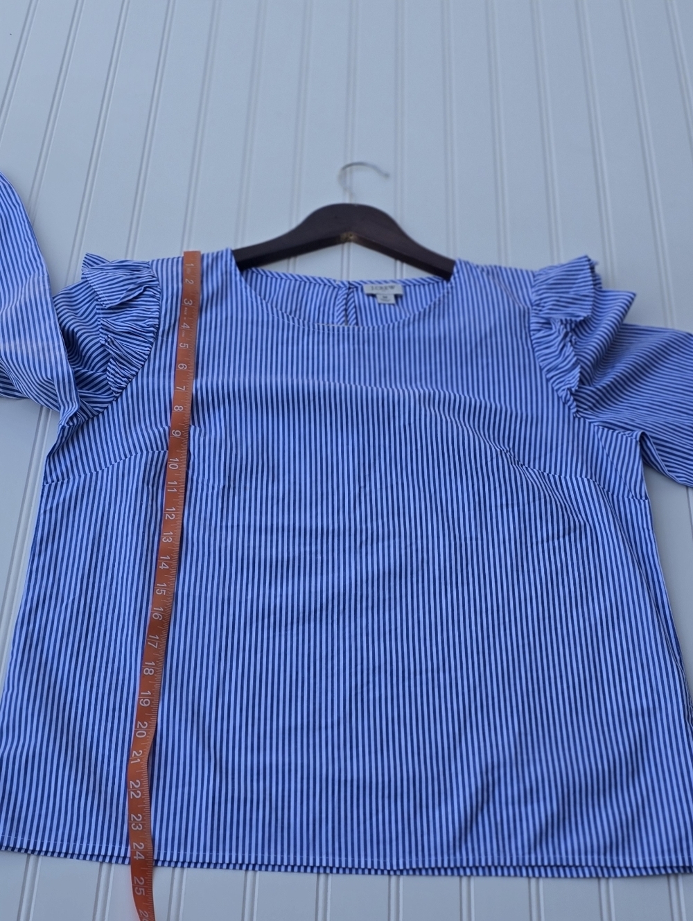 J. Crew Blue & White Striped Ruffle Shoulder Long Sleeve Blouse - Size M - Picture 10 of 12